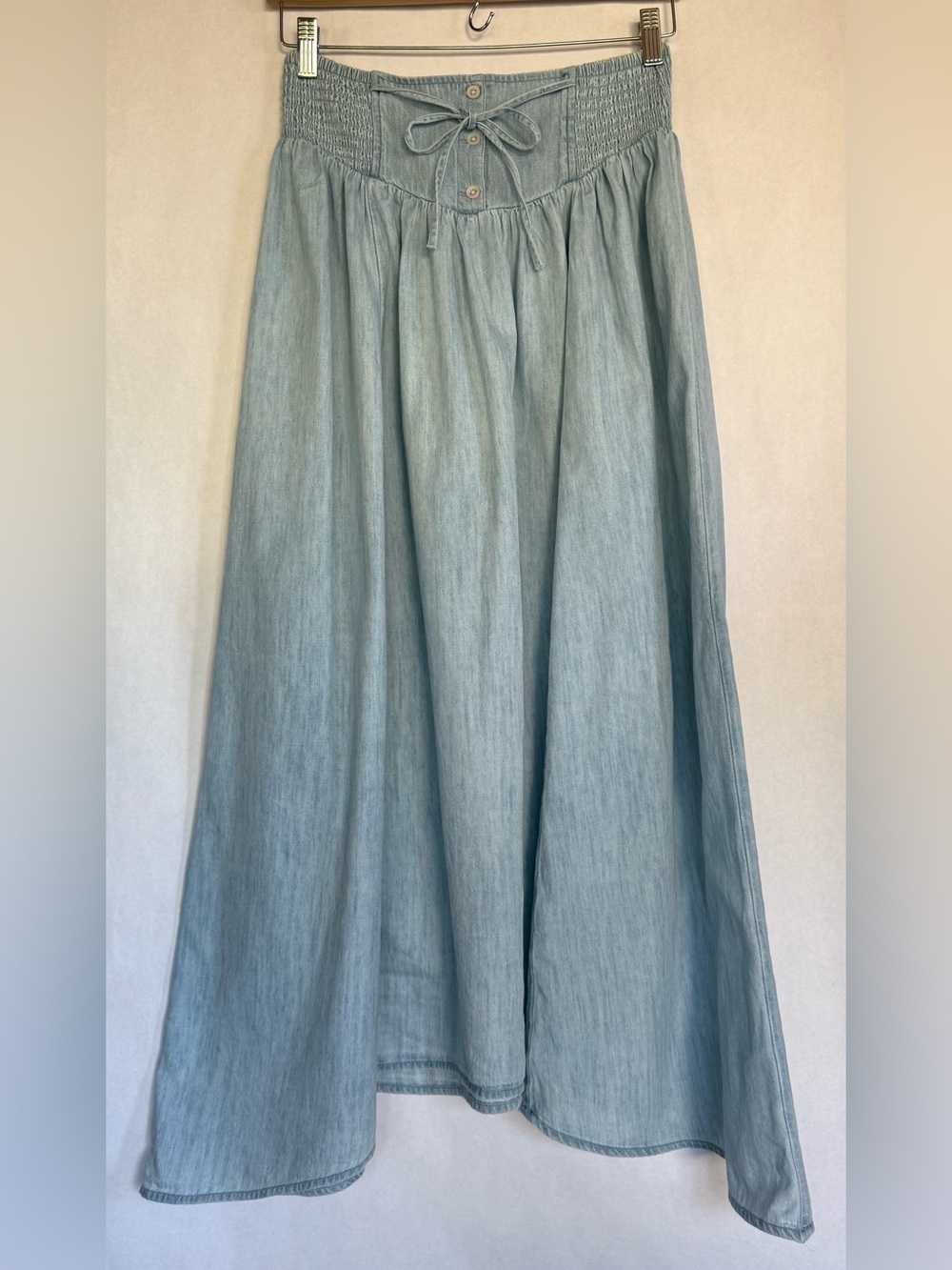 Aerie Light Wash Blue Smocked Waist Maxi Skirt